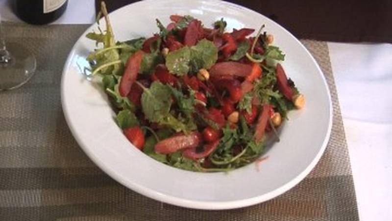 Promo Image: Strawberry Rhubarb Salad with Mint and Hazelnuts