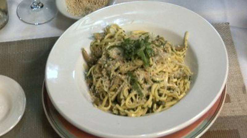Promo Image: Linguine with Green Olive Sauce and Zesty Breadcrumbs