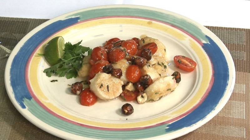 Promo Image: Scallops with Hazelnuts and Warm Sun Gold Tomatoes